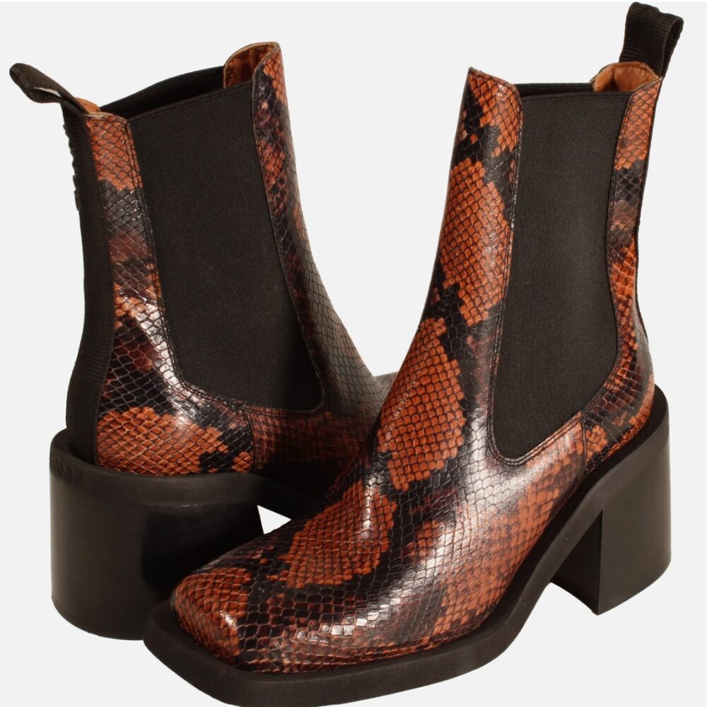Ganni Leather Square Toe Chelsea Boots (Brown Snakeskin Print)